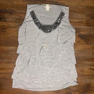 Lavish MEDIUM gray tiered tank top blouse metallic embellished neckline stretchy